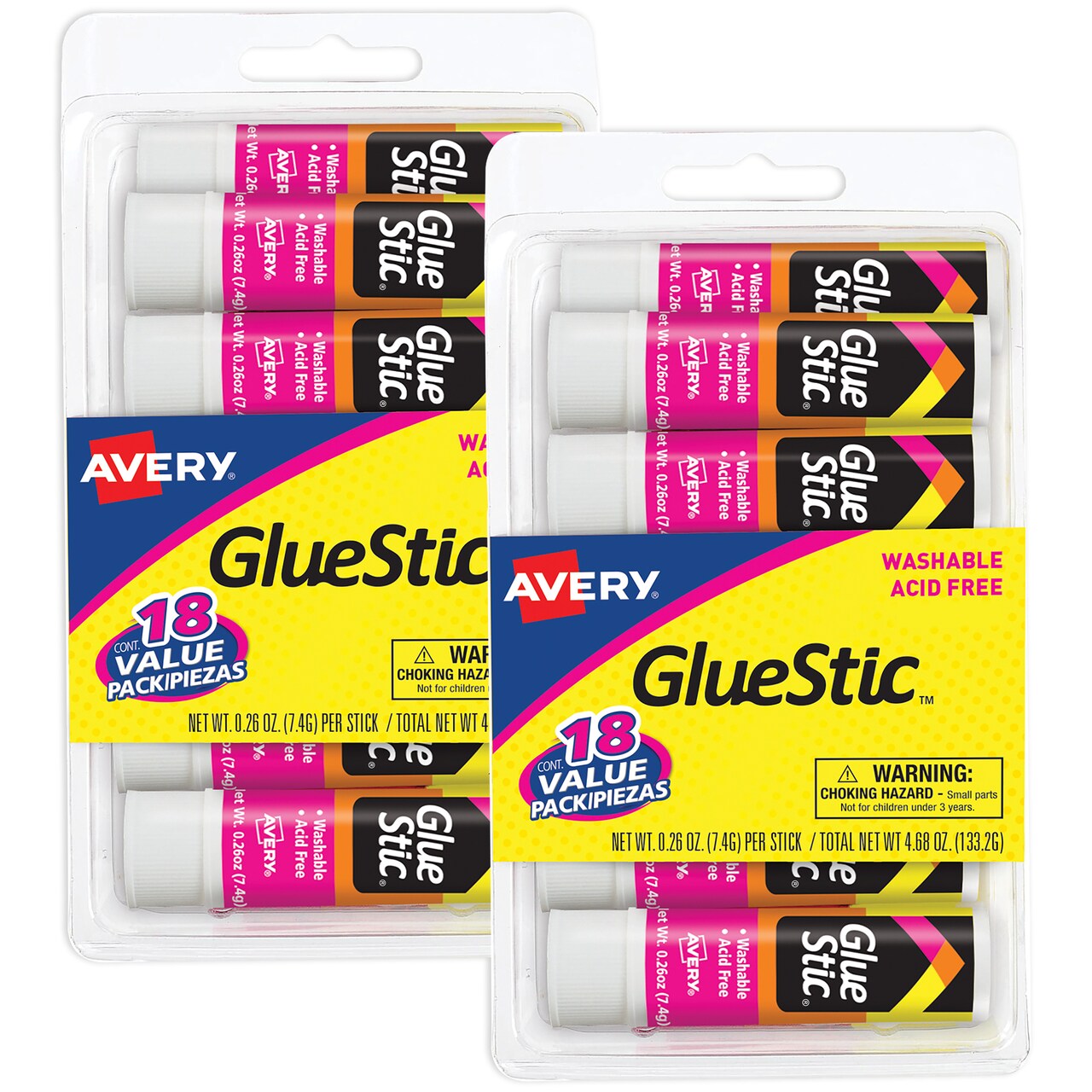 Avery Glue Stic Value Pack, White, Washable, 0.26 oz., 18 per Pack, 2 Packs, 36 Permanent Glue Sticks Total (50224)